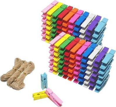 CUWELT 250 x Farbige Holzklammern Mini mit Juteschnur, 3,5CM Bunte mit 30m Jute