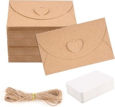 Mini Briefumschläge Set, 50 Stück Kraftpapier Umschläge mit 50 Karten (10x6cm)