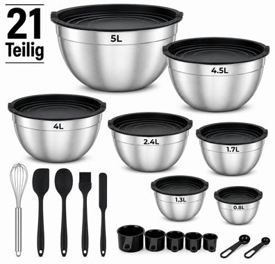 Salatschüssel Set 7 Stück Edelstahl Schüsseln mit Deckel 21 Teilig Rührschüssel