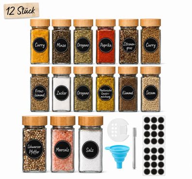 Gewürzgläser Set 12 Stück 120ml mit Deckel Gewürzbehälter Bambus Gewürzstreuer Set