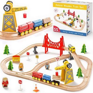 Tiny Land 55-tlg. Holz-Eisenbahn Set, für Kinder mit Kran aus Holz, Spielzeug