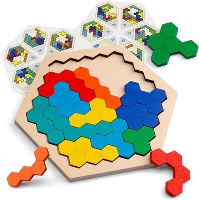 Coogam Hölzernes Sechseck-Puzzle - Form Block Tangram Denkaufgabe Spielzeug