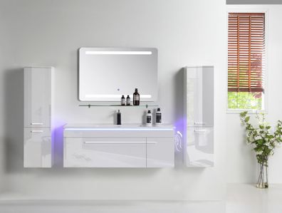 Badezimmermöbel 120 cm – Hochglanz Set 6-tlg mit LED in Weiß