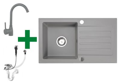Granitspüle 76x44 Grau + Armatur & Siphon-Set