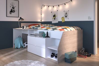Milky 1 Hochbett Parisot Weiß-Grau mit Tischplatte & Kommode