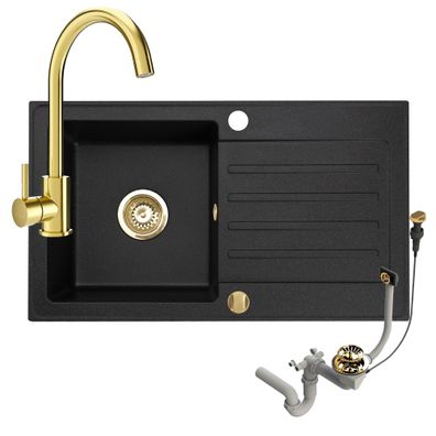 Granitspüle 76x44 Schwarz + Siphon + Gold Armatur