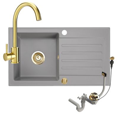 Granitspüle 76x44 Grau + Siphon + Gold Armatur