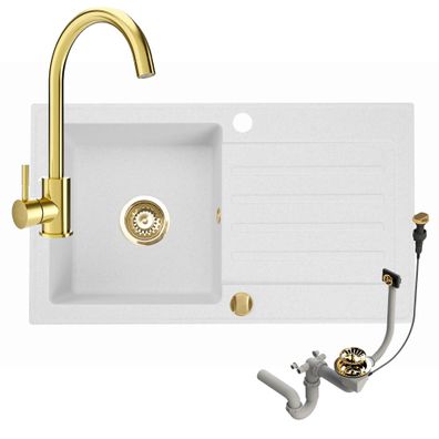 Granitspüle 76x44 Weiß + Siphon + Gold Armatur