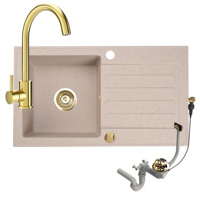 Granitspüle 76x44 Beige + Siphon + Gold Armatur
