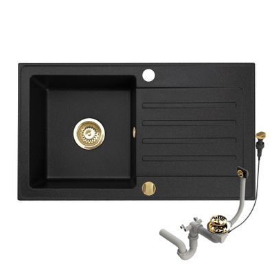 Granitspüle 76x44 Schwarz + Siphon Set + Gold Armatur