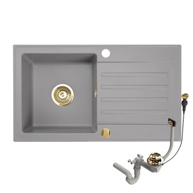 Granitspüle 76x44 Grau + Siphon Set + Gold Armatur