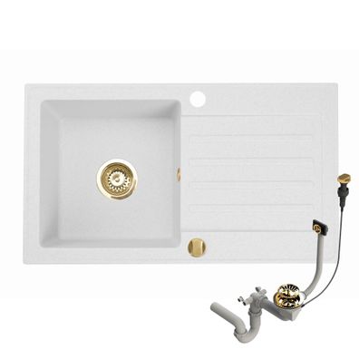 Granitspüle 76x44 Weiß + Siphon Set + Gold Armatur