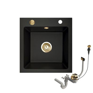 Granitspüle 48x50 Schwarz + Siphon Set + Gold Armatur