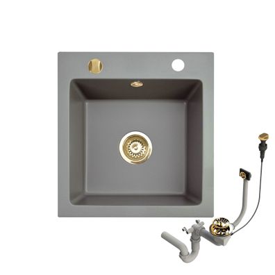 Granitspüle 48x50 Grau + Siphon Set + Gold Armatur