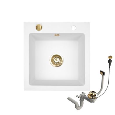 Granitspüle 48x50 Weiß + Siphon Set + Gold Armatur