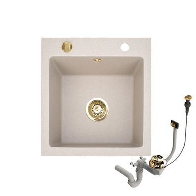 Granitspüle 48x50 Beige + Siphon Set + Gold Armatur