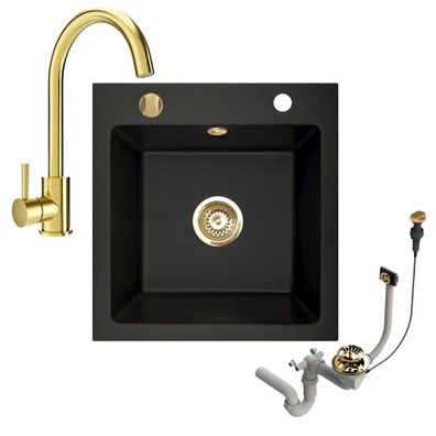 Granitspüle 48x50 + Armatur Gold Schwarz + Siphon Set