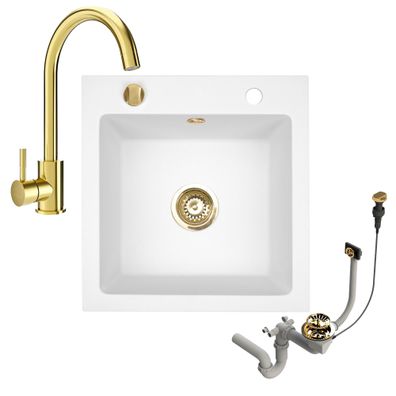 Granitspüle 48x50 + Armatur Gold Weiß + Siphon