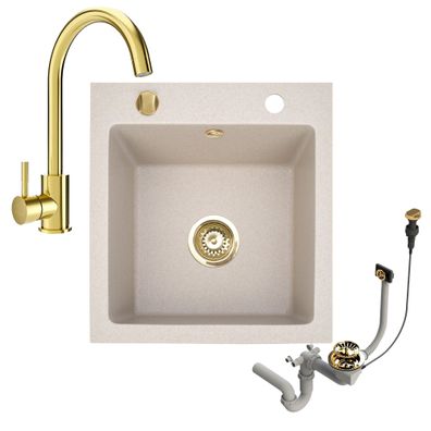 Granitspüle 48x50 + Armatur Gold Beige + Siphon