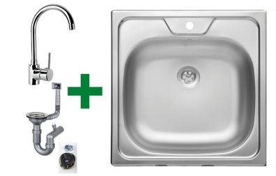 Edelstahlspüle 48x48 cm + Armatur + Siphon-Set