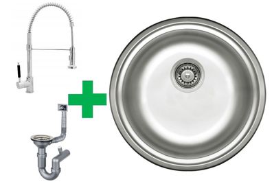 Runde Edelstahlspüle Ø42 cm + Spiralarmatur + Siphon