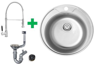 Runde Edelstahlspüle Ø51 cm + Spiralarmatur + Siphon