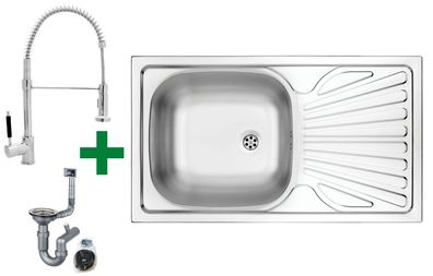 Edelstahlspüle 76x44 + Spiralarmatur + Siphon