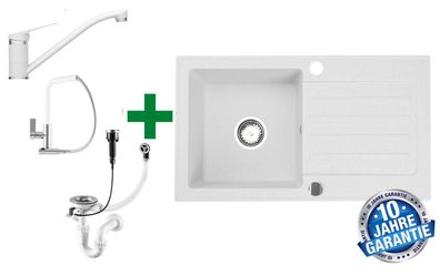 Granitspüle 76x44 Weiß + Armatur + Siphon