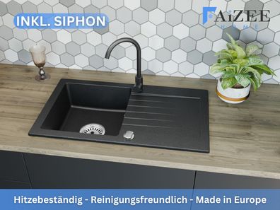 Granitspüle 76x44 Grau + Armatur + Siphon