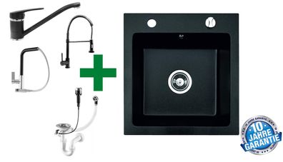 Granitspüle 48x50 Schwarz + Armatur + Siphon