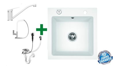 Granitspüle 48x50 Weiß + Armatur + Siphon