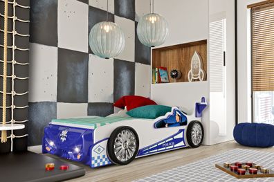 Police Kinderbett Blau/Weiß – MDF, 220x140x73 cm