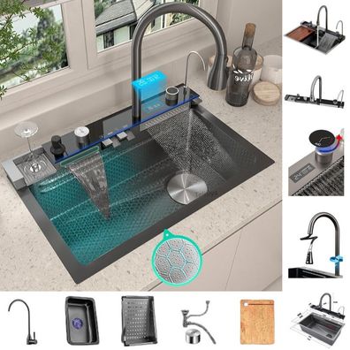 Innovative Nano Küchenspüle 75x46 cm in Graphit mit Armatur