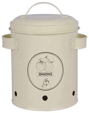 Vorratsdose Zwiebeln H20, Ø14 cm in Creme – Karbonstahl mit Aufschrift „Onions“