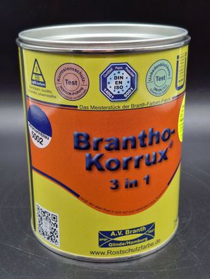 750ml Brantho Korrux 3in1 ultramarinblau RAL 5002 Rostschutz & Metallschutz Farbe