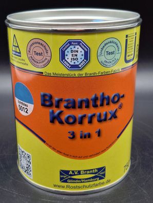 750ml Brantho Korrux 3in1 lichtblau RAL 5012 Rostschutz & Metallschutz Farbe