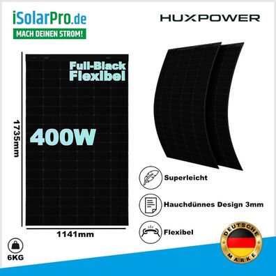 400W HUX-POWER® · Flexibles Solarpanel ohne Ösen · Full Black · 1735x1141x3 mm