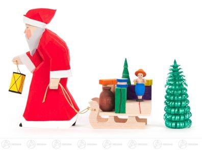 Schnitzerei Weihnachtsmann geschnitzt mit Schlitten BxHxT 3,5cm x 10,5cm x 3cm