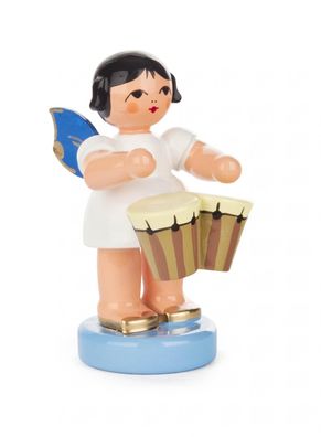 Engel stehend mit Bongotrommeln blaue Flügel NEU Höhe 6cm Trommelengel Musikbote