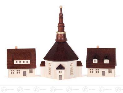 Miniatur Seiffener Kirche und 2 Häuser mit ausgefrästen Fenstern, H=ca 15,5cm