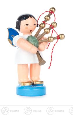 Engel mit Dudelsack stehend, blaue Flügel H=ca 6 cm Erzgebirge Weihnachtsfigur