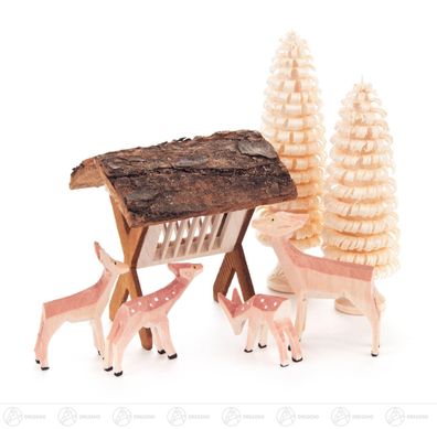 Miniatur Rehe geschnitzt mit Futterraufe und Bäumchen (7) H=ca 9 cm NEU