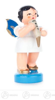 Engel mit Gemshorn stehend, blaue Flügel H=ca 5,5 cm Erzgebirge Weihnachtsfigur