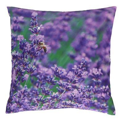 Kleines Outdoor Kissen aus wasserabweisendem Polyester mit Blumenmuster Lavendel