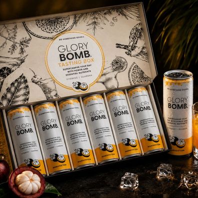 GLORY BOMB Tasting Box - 6x 250 ml Mangosteen Drink inkl. Einweg Pfand