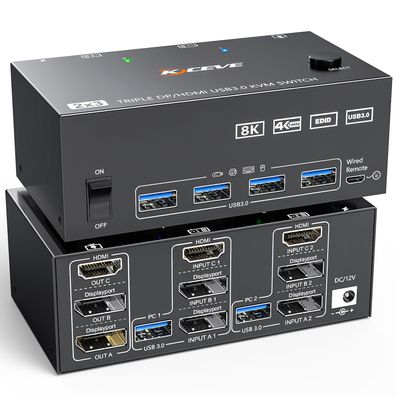 Camgeet KVM Switch 2 PC 3 Monitore 8K HDMI DisplayPort mit 4 USB 3.0