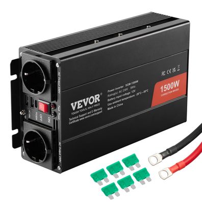VEVOR Sinus-Wechselrichter 1500 W 12 V auf 230 V 2 Steckdosen USB Typ-C