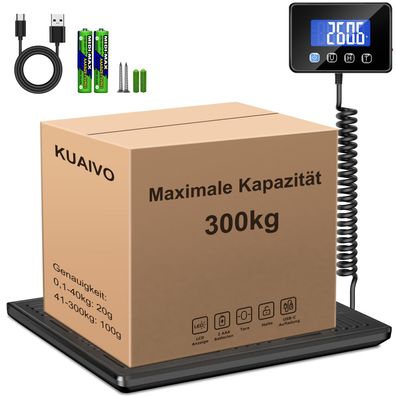 KUAIVO Paketwaage 300 kg 20 g Plattformwaage LCD Hold Tara Edelstahl USB-C