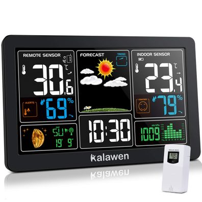 Kalawen Wetterstation mit Außensensor 9-in-1 Innen Außen Barometer Wecker