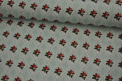 Baumwolle Popeline Rosen/Raute dunkelmint